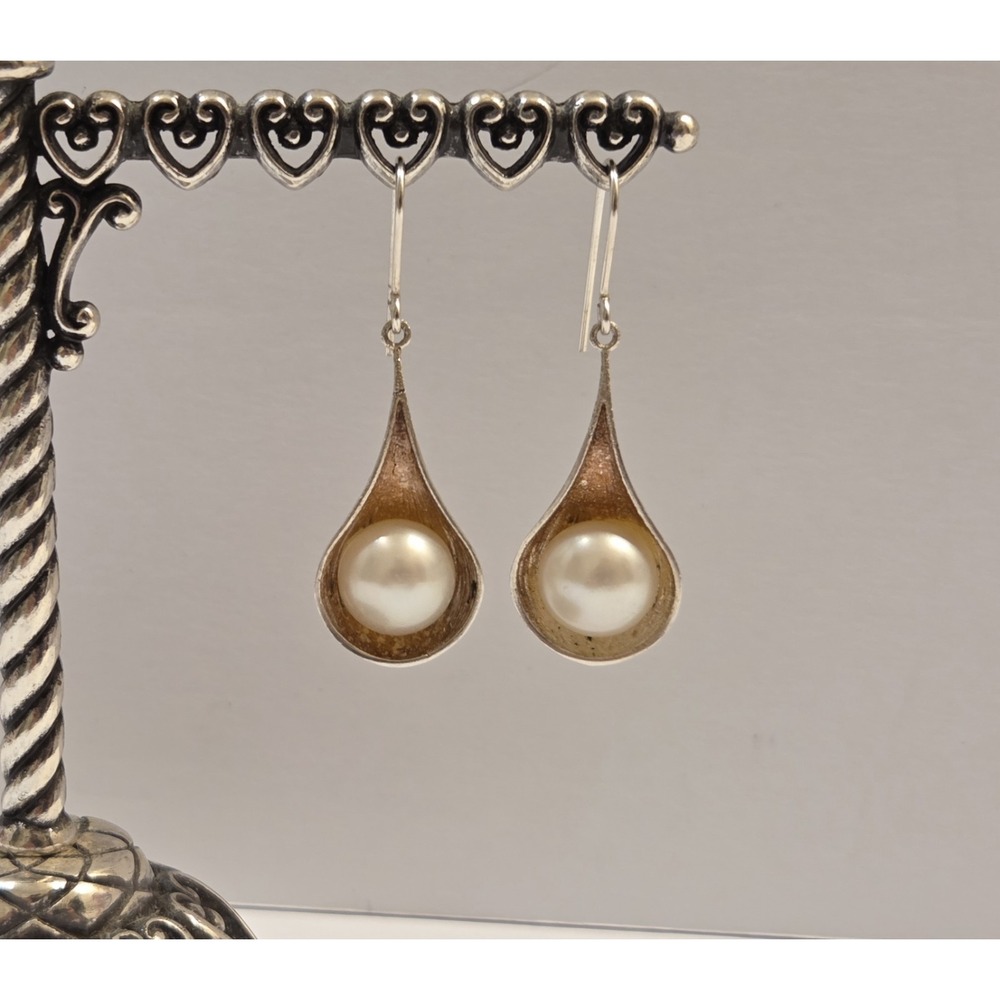 Vintage White Pearl Sterling Silver Pod Drop Italian Royal Chain RCI‎ Earrings
